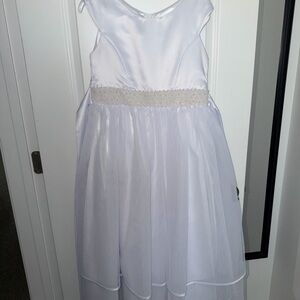 Classic White Satin & Tulle Girls' Formal Dress with Beaded Waist